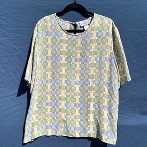 100% Silk Vintage Lee David Blouse 2XL round neck natural fibers green/yellow